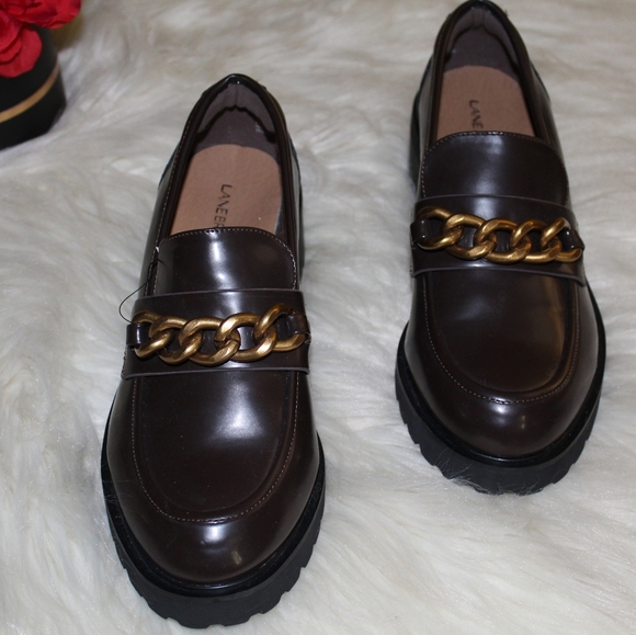 Lane Bryant NWT 10 Wide Women’s Faux Leather Brown Gold Chain Loafer Dress Shoes - Picture 4 of 9